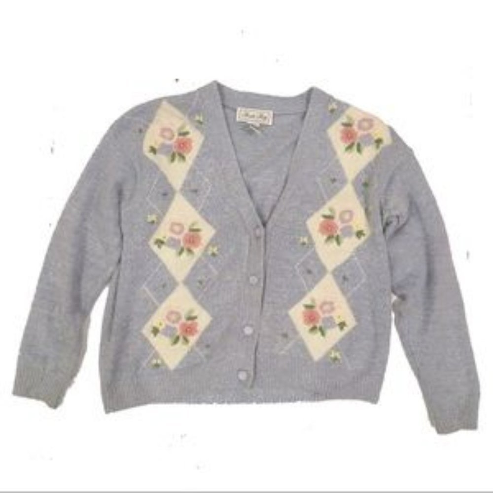 Vintage Blue Floral Embroidery Cardigan Sweater